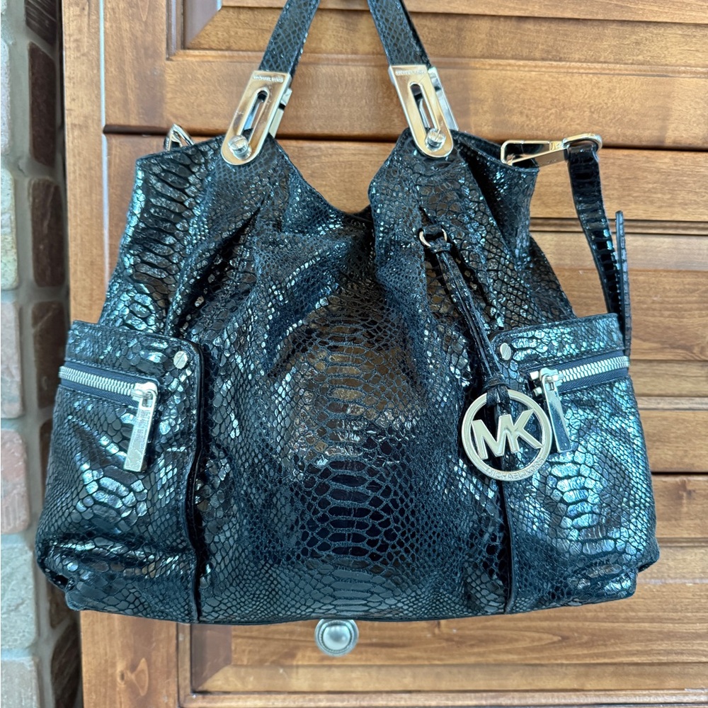 Michael Kors Black Shiny Snakeskin Tote Bag